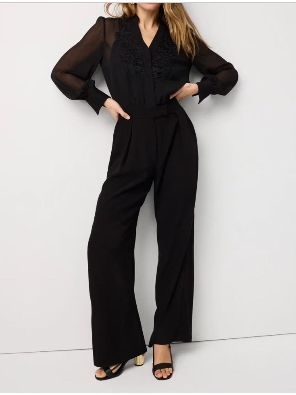 White House Black Market Black Wide-Leg Jumpsuit Sheer Sleeve Detail Sz 10 New